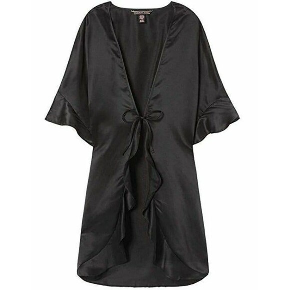 Victoria's Secret Sexy Satin Kimono Black Ruffle Robe black NEW - Picture 1 of 4